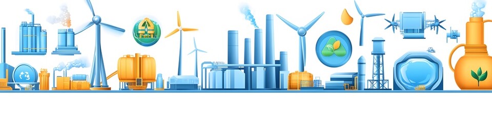Poster - A seamless design featuring water conservation icons, wind turbines, and eco-friendly factory elements, arranged neatly. Vector art, 4k resolution, white background