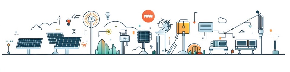 Aufkleber - A minimalist design showcasing solar trackers, battery systems, and eco-friendly industrial symbols, rendered with clean lines. Vector art, 4k resolution, white background