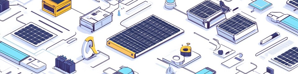 Aufkleber - A minimalist design showcasing solar trackers, battery systems, and eco-friendly industrial symbols, rendered with clean lines. Vector art, 4k resolution, white background
