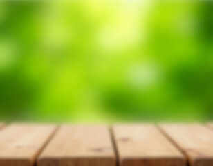 Poster - The real wood table top texture is set against a blurred fresh green garden background for product display and visuals._00001_