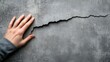 © Anna - hand gently touches a cracked gray wall surface, highlighting the uneven texture and depth of the fissure. simple but striking contrast draws attention to the imperfection and wear