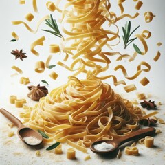 Wall Mural - Falling raw Tagliatelle, Tagliolini, Fettuccine, uncooked Italian Pasta, isolated on white background, full depth of field
