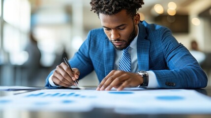 Poster - Focused individual in a blue suit examines charts and graphs on a table, using a pen for notes in a bright, contemporary office filled with natural light