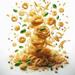 Wall Mural - Falling raw Tagliatelle, Tagliolini, Fettuccine, uncooked Italian Pasta, isolated on white background, full depth of field
