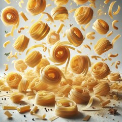 Wall Mural - Falling raw Tagliatelle, Tagliolini, Fettuccine, uncooked Italian Pasta, isolated on white background, full depth of field
