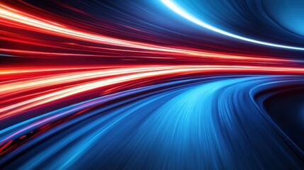 Poster - Colorful light trails stream through the darkness of the night, illustrating fast movement along a winding road. vibrant reds and blues create a dynamic contrast against the dark background