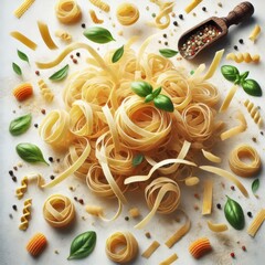 Falling raw Tagliatelle, Tagliolini, Fettuccine, uncooked Italian Pasta, isolated on white background, full depth of field
