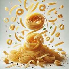 Falling raw Tagliatelle, Tagliolini, Fettuccine, uncooked Italian Pasta, isolated on white background, full depth of field
