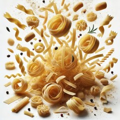 Wall Mural - Falling raw Tagliatelle, Tagliolini, Fettuccine, uncooked Italian Pasta, isolated on white background, full depth of field
