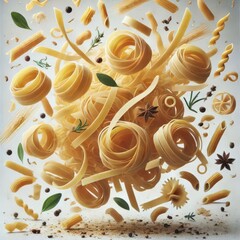 Wall Mural - Falling raw Tagliatelle, Tagliolini, Fettuccine, uncooked Italian Pasta, isolated on white background, full depth of field
