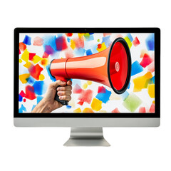 Poster - Digital Voice. Megaphone in Hand on Computer Screen