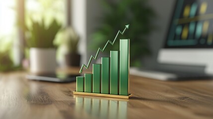 Poster - Renewable energy market trends concept. 3D bar graph representing growth on a wooden desk with greenery in the background.