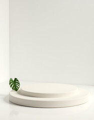 Poster - Minimal white wall features a sandstone top product display platform with a single tropical monstera leaf in focus._00002_