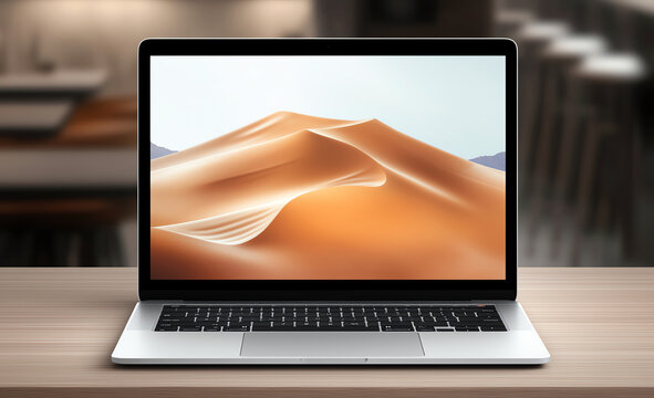 A sleek laptop with a vibrant display showcasing beautiful sandy dunes, symbolizing modern technology and innovation in a minimalistic workspace setting.