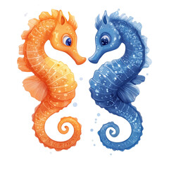 Poster - Underwater Love. Cartoon Orange and Blue Seahorses
