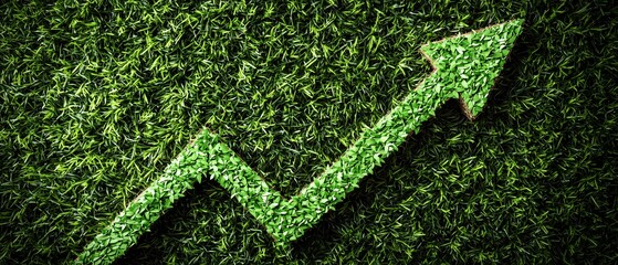 Poster - Renewable energy market trends concept. Growing trend represented by a green arrow on grass, symbolizing progress and sustainability.