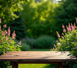 Aufkleber - Lawn with empty wooden table featuring a vibrant green backdrop of lush plants and flowers for product display and visuals._00002_