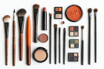 Poster - A variety of makeup brushes, eyeshadows, lipsticks, and powders are organized on a clean white surface, offering space for additional text. Generative AI