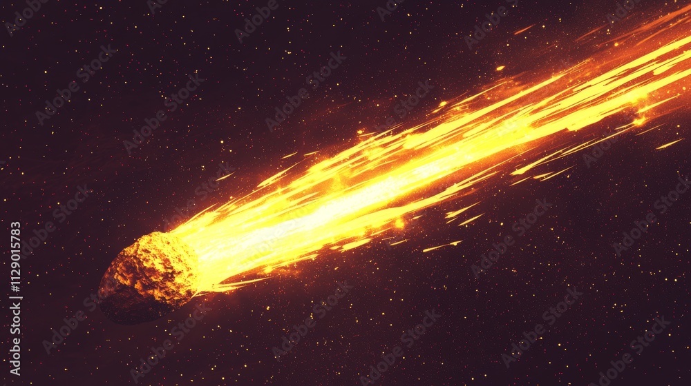 Meteor Particles Bright meteor streaking through the night sky over open space creating ...