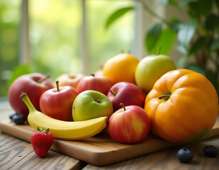 Poster - Fresh fruit arranged naturally on a wooden table with plenty of natural light for a healthy and inviting atmosphere._00002_