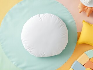 Round pillow mockup lying on a soft playmat with muted colors, baby pillow mockup, simple and calming style for toddlers' rooms