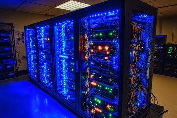 computer technology data center server room background with lots of spots