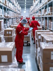 Worker in red uniform and protective mask inspecting medical boxes in pharmaceutical distribution center. Stacks of organized packages fill the warehouse.