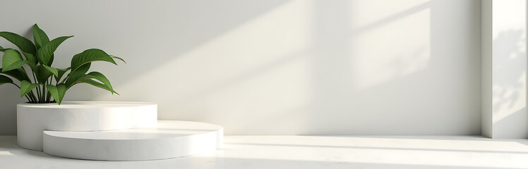 Aufkleber - Elegant white geometric stone podium features a natural design with leaves and a minimalist style for spa concept displays._00002_