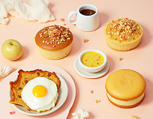 Aufkleber - Delicious set of breakfast foods and baked goods arranged artfully on a soft pastel colored tablecloth backdrop._00002_