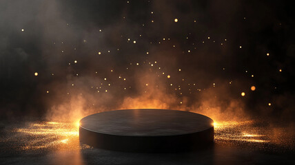 Sticker - black podium with a round stage and golden lights for product presentation.