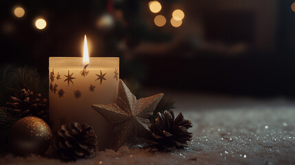 Wall Mural - Candle shining bright amid festive decorations with soft bokeh effects in a cozy setting