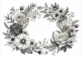 Wall Mural - Hand Drawn Black and White Floral Frame Set with Botanical Illustrations and Flower Wreaths for Elegant Home Decor and Creative Design Projects