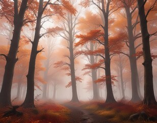 Wall Mural - Tall oak trees shrouded in mist, autumn leaves in vibrant reds and golds, eerie foggy forest,  mist,  moody