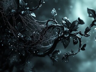 Poster - A close-up of a spiderweb adorned with droplets on dark foliage, creating a mystical atmosphere.