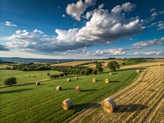 Wall Mural - Hay Bales Under a Bright Blue Sky with Fluffy Clouds Reflecting the Beauty of Rural Landscapes and Agriculture in a Serene Summer Setting