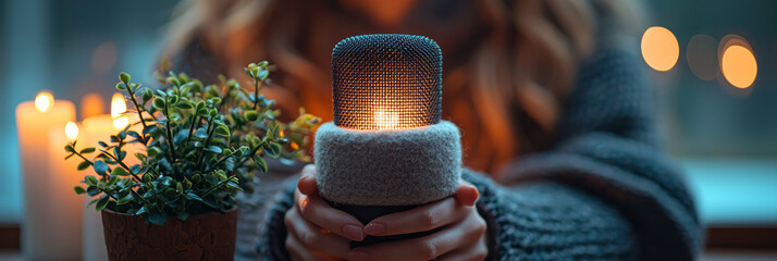 Poster - A serene shot of a podcasterâ€™s hands delicately adjusting a microphone with soft foam covers, surrounded by soothing elements like candles and a small potted plant,