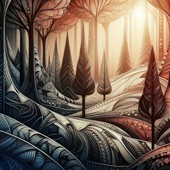 Abstract forest with patterned leaves