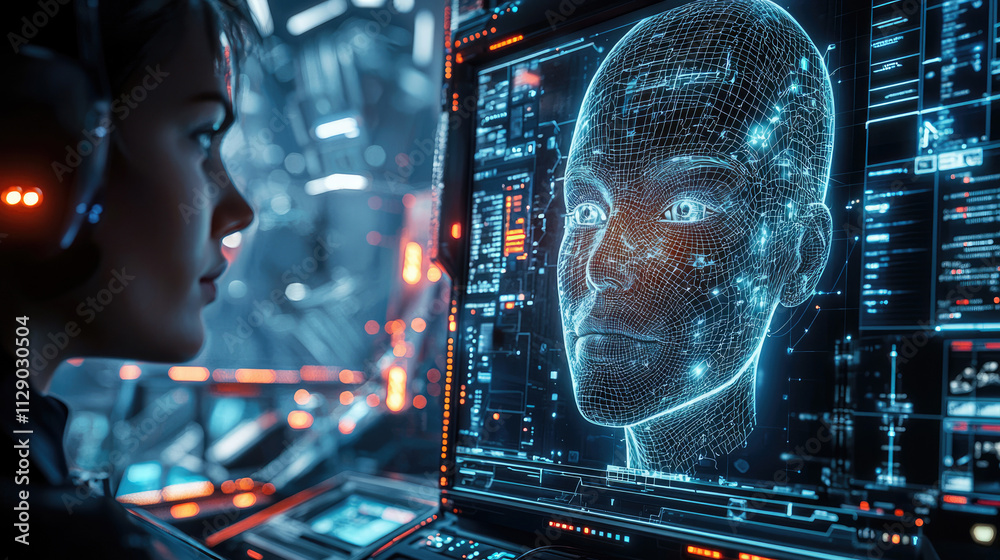 Person works with human face and digital data on computer screen, young ...