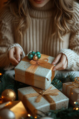 Poster - A minimalist depiction of an employee placing a small, colorful gift into a pile of presents on a sleek white table, surrounded by subtle holiday decor like tinsel and fairy lights,