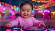 © anatolii - Cute toddler enjoys mixing music at a colorful party with vibrant lights and fun decorations
