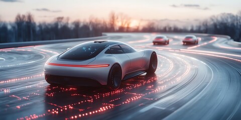 Poster - Futuristic cars on a glowing track at sunset, showcasing advanced technology and design.