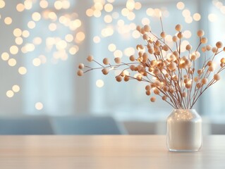 Poster - Minimalist Festive Decor with Branches and Bokeh Lights Modern Elegance in Soft Focus