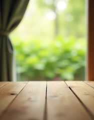 Poster - A wooden tabletop is blurred in the background by a flowing curtain and an abstract green garden scene beyond._00002_