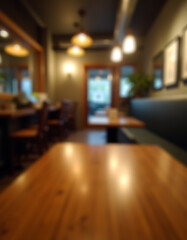 Aufkleber - A wooden table top reflects a blurred lighting effect in a busy cafe setting with selective focus on the table surface._00002_