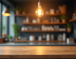 Poster - A wood table top with a blurred counter backdrop features a light bulb, suitable for product display and design visuals._00001_