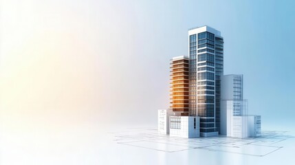 Minimalist urban office tower blueprint, sleek and modern, detailed schematic rendering, innovative ecodesign