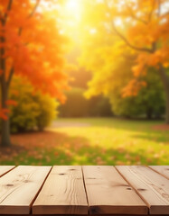 Aufkleber - A wood table top features a blurred orange garden scene as a possible montage background for a product display or visual layout._00001_