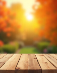 Aufkleber - A wood table top features a blurred orange garden scene as a possible montage background for a product display or visual layout._00002_