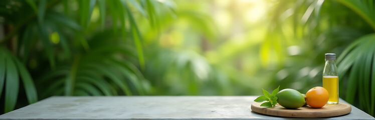 Poster - A summer themed display features a concrete table counter set against a blurred coconut leaf greenery background._00001_