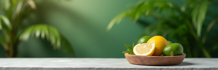 Poster - A summer themed display features a concrete table counter set against a blurred coconut leaf greenery background._00002_
